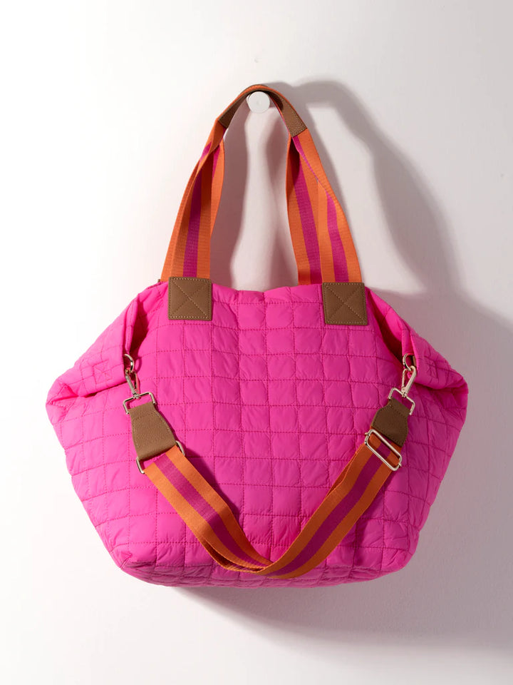 Ezra Quilted Nylon Travel Tote in Magenta Pink