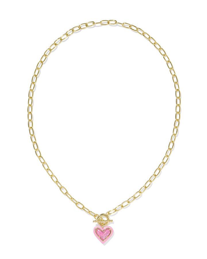 Kendra Scott Ari Heart Gold Enamel Frame Link and Chain Necklace in Pink Iridescent Glitter Glass