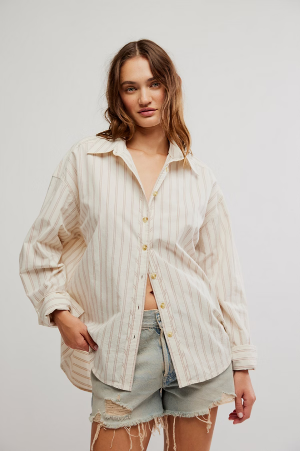 Free People Striped Varsity Vibes Shirt in Ivory Combo