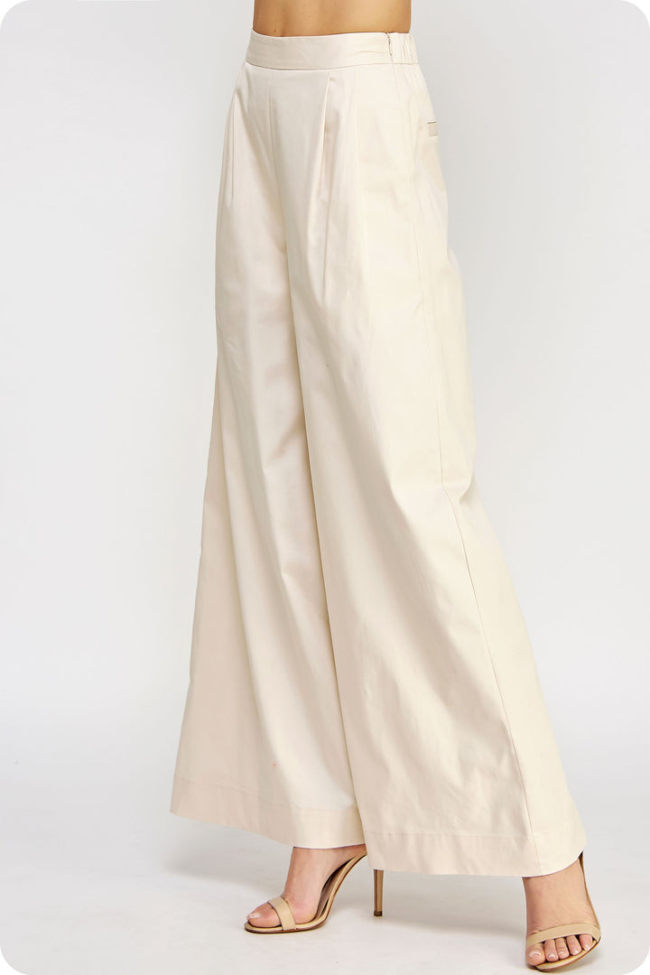 Pleated Ivory Wide Leg Twill Pants