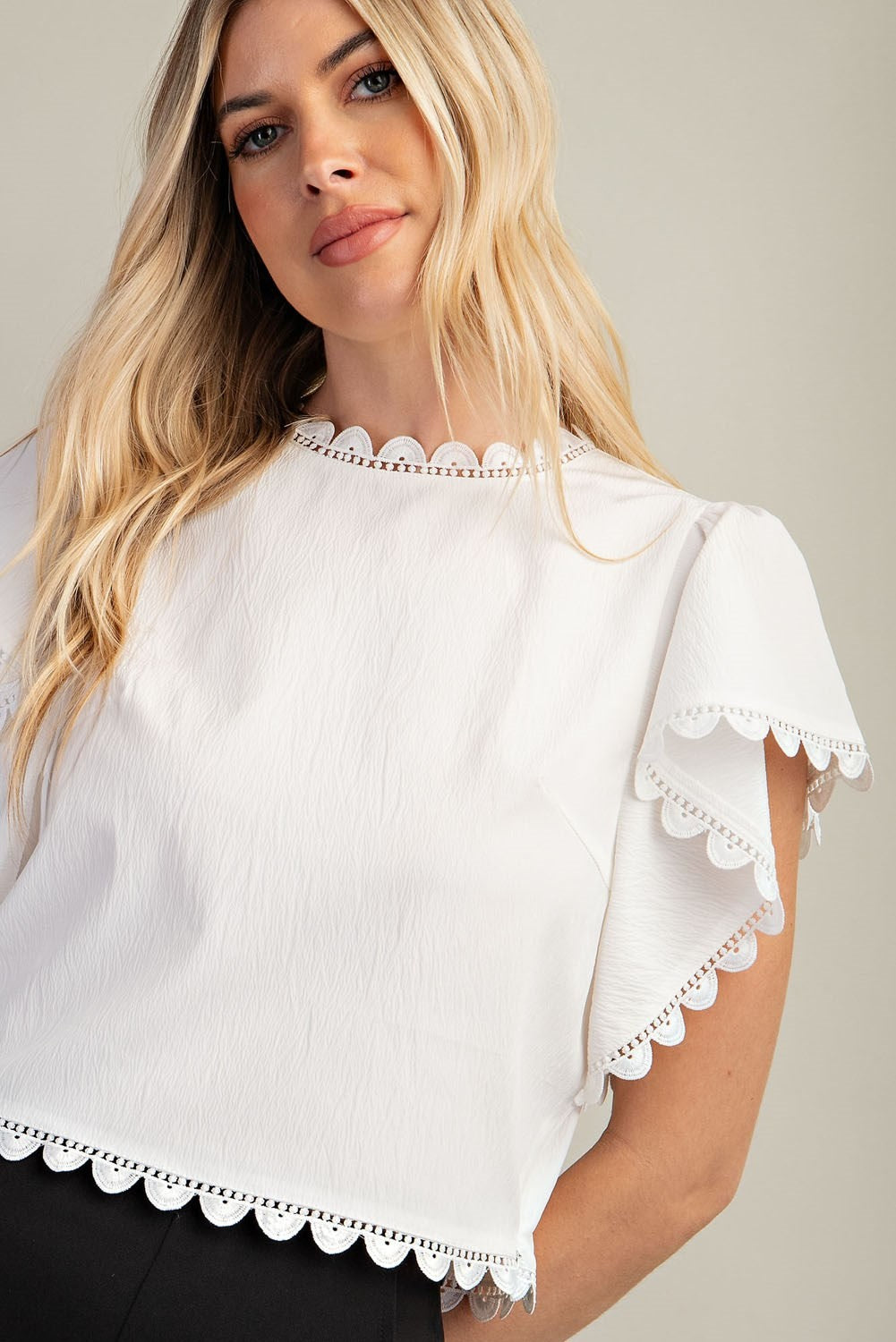 Flutter Fly White Scalloped Hem Top