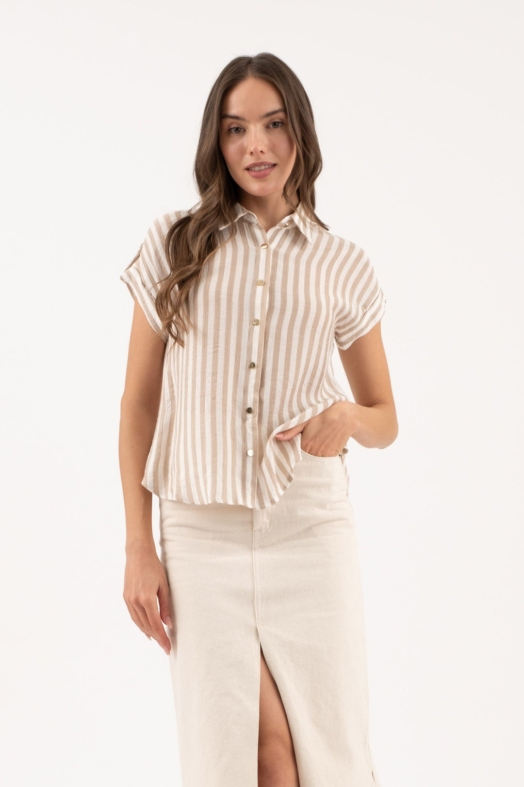 Against The Stripe Light Khaki Top