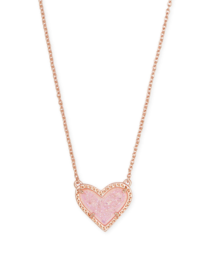 Kendra Scott Ari Heart Silver Short Pendant Necklace in ROSE GOLD PINK DRUSY