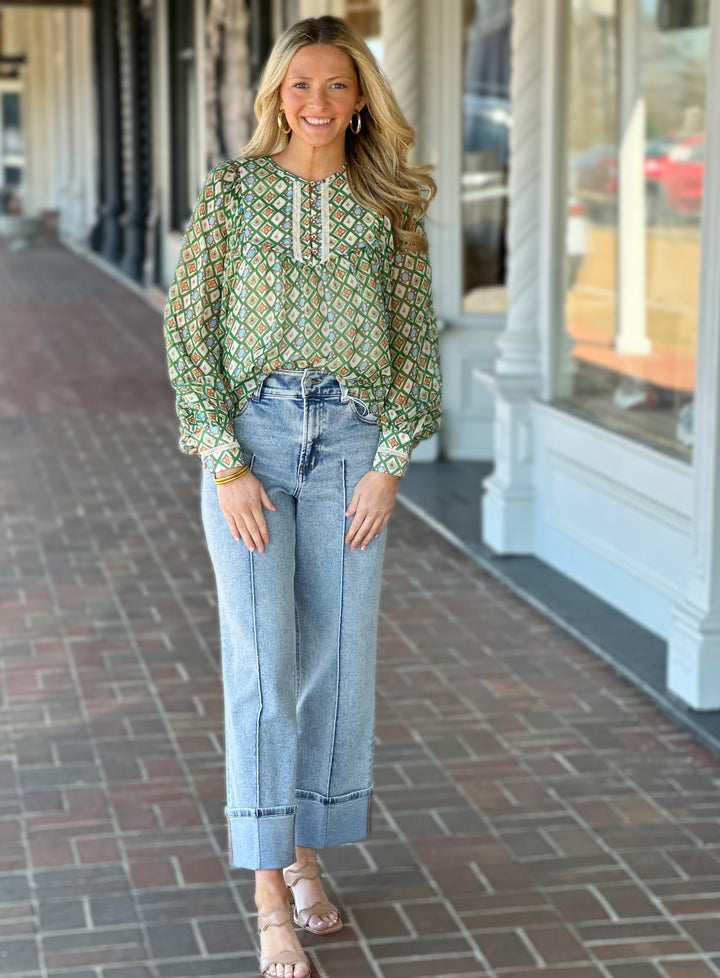 Emily Lovelock Ivory Green Printed Top