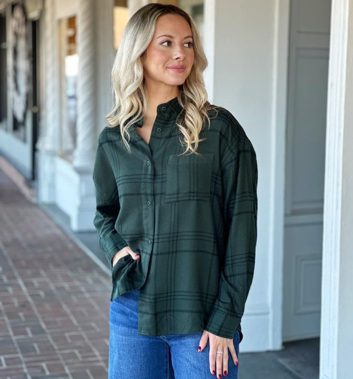 Z Supply River Plaid Button Up in Cyprus Green