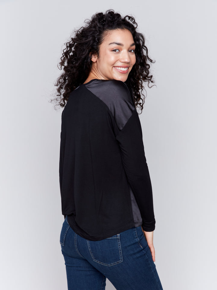 Charlie B Jersey Satin Knit Top in Black