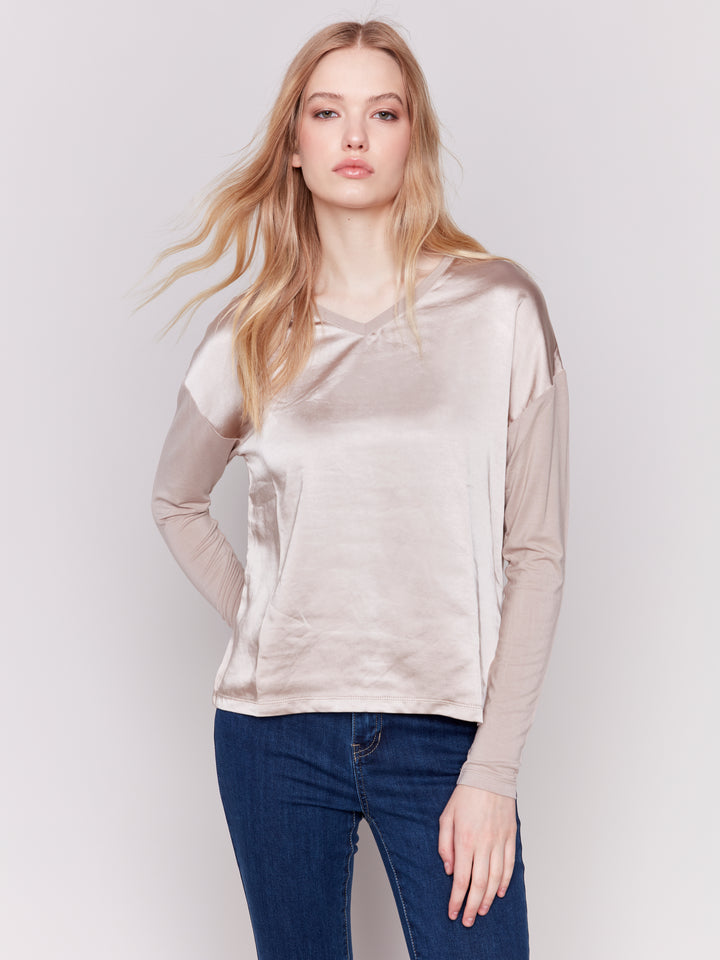 Charlie B Jersey Satin Knit Top in Almond