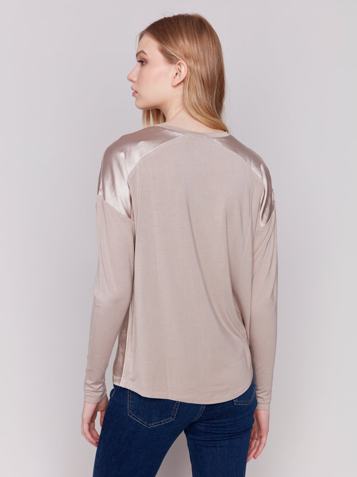 Charlie B Jersey Satin Knit Top in Almond