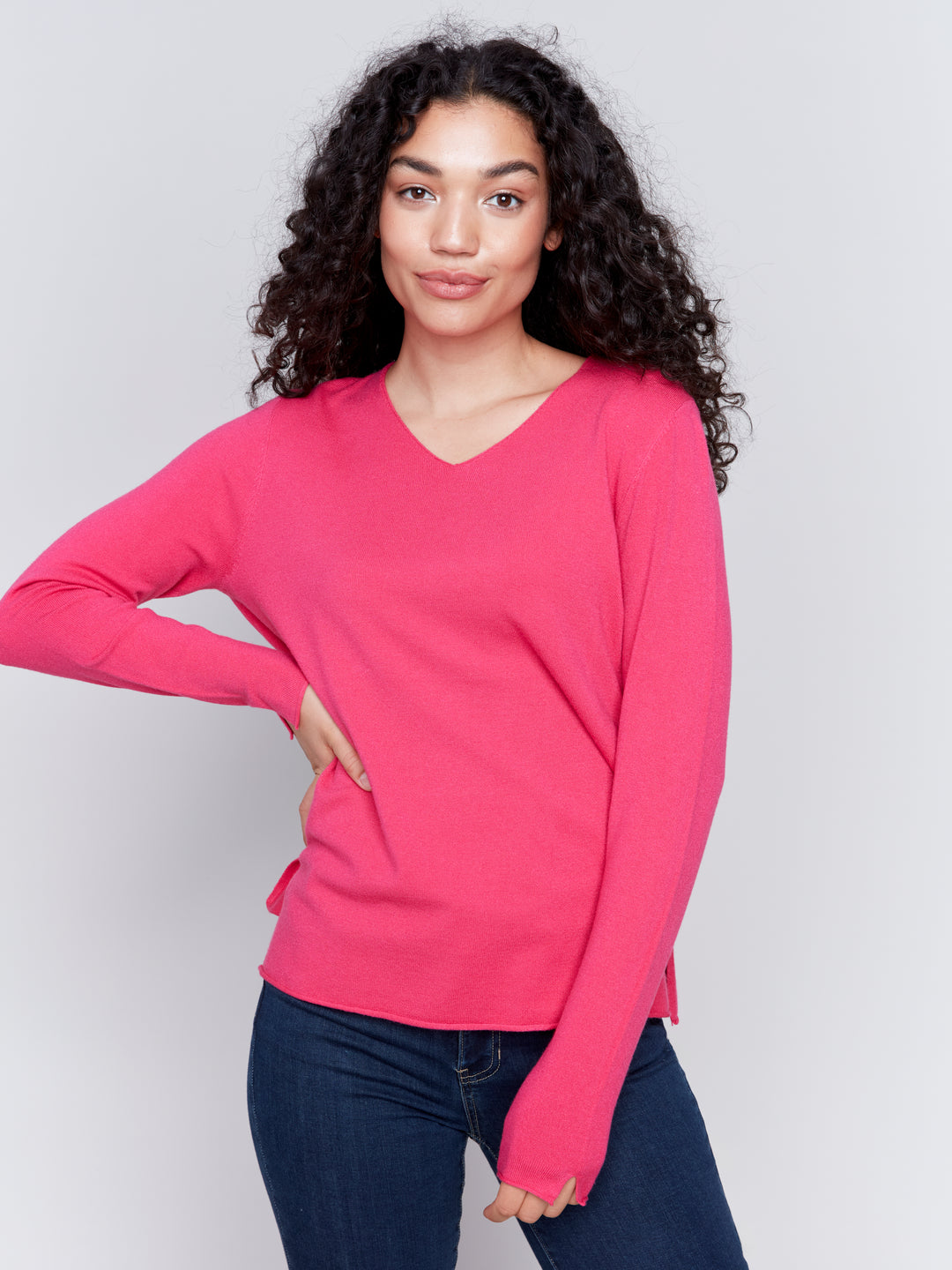 Charlie B Solid Basic Sweater in Magenta