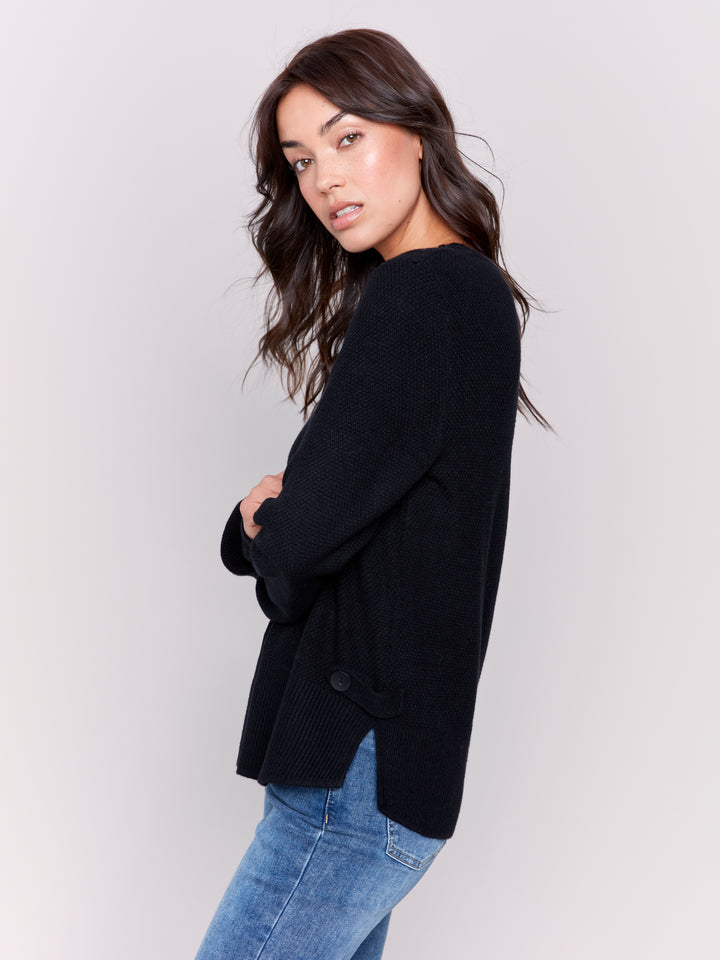 Charlie B Crew Neck Black Side Tab Sweater