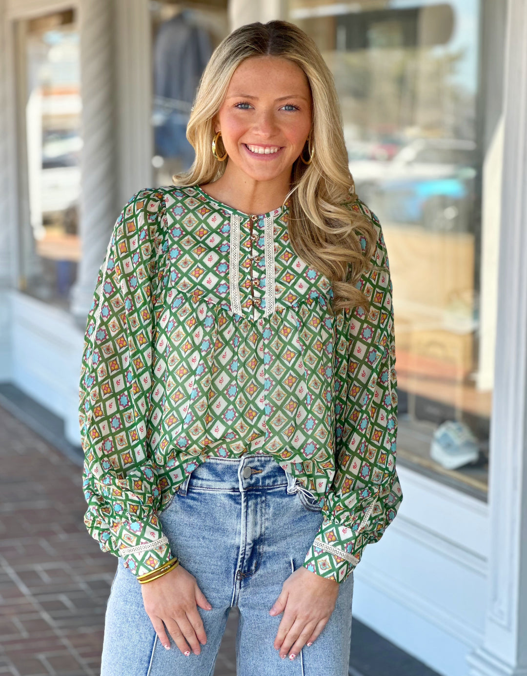 Emily Lovelock Ivory Green Printed Top