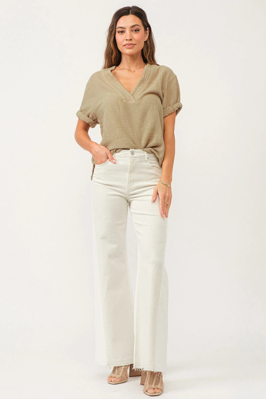 Dear John Fiona Super High Rise Wide Leg Jeans in Wheat White