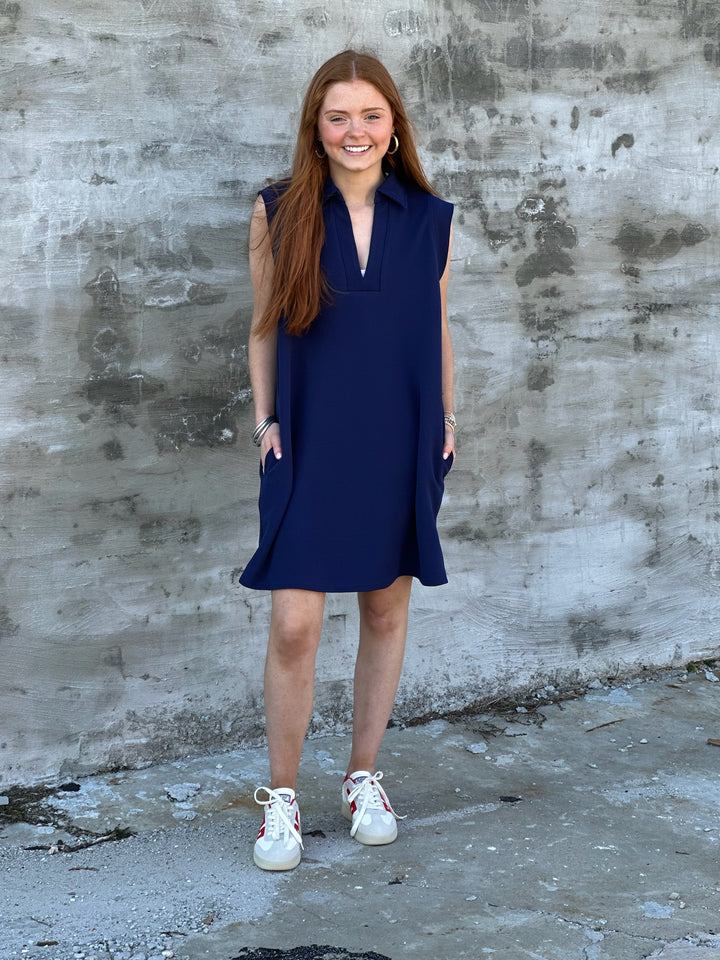 Out For A Stroll Sleeveless Dress in Navy