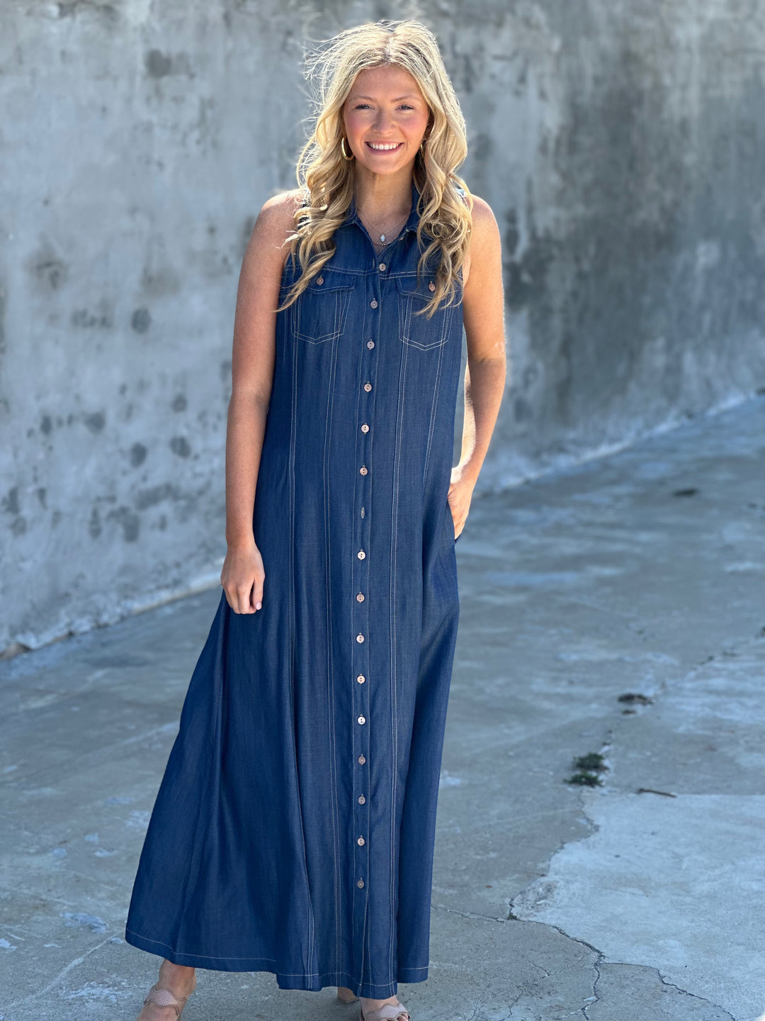 Liverpool Los Angeles Sleeveless Button Down Maxi Rinse Wash Denim Dress