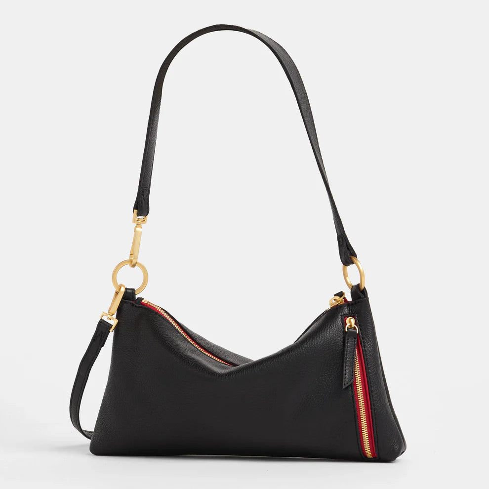 Hammitt Kyle Leather Shoulder Bag in Black/Brushed Gold with Red Zipper