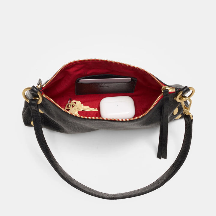 Hammitt Kyle Leather Shoulder Bag in Black/Brushed Gold with Red Zipper