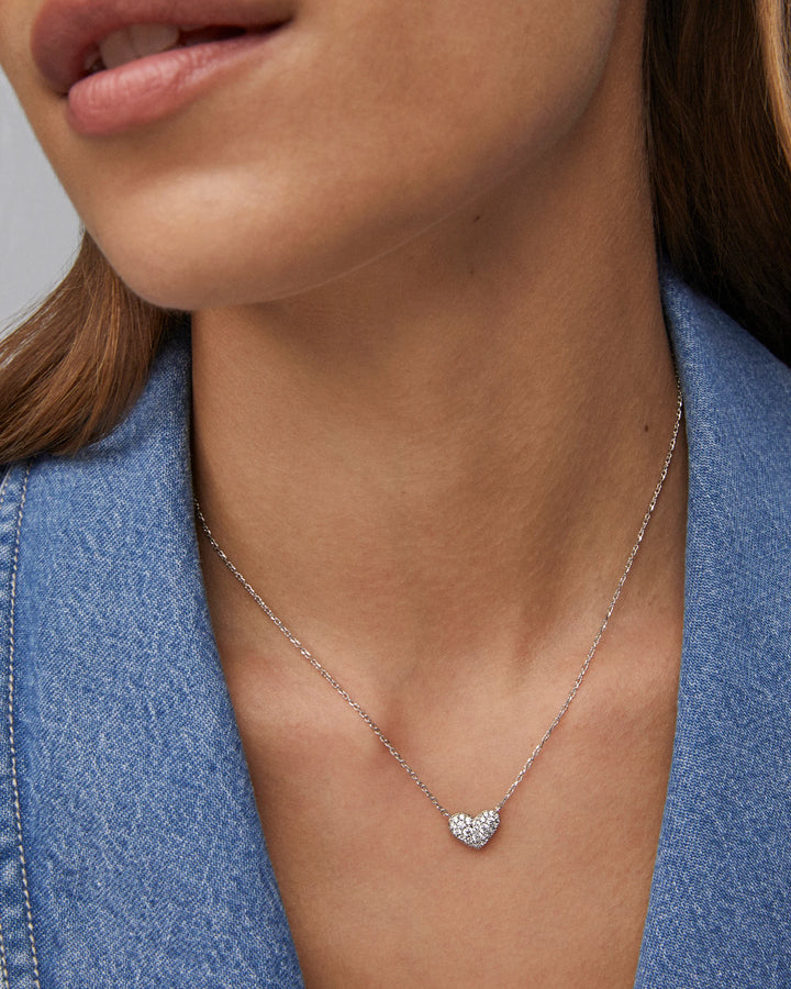 Kendra Scott Ari Silver Pave Crystal Heart Necklace in White Crystal