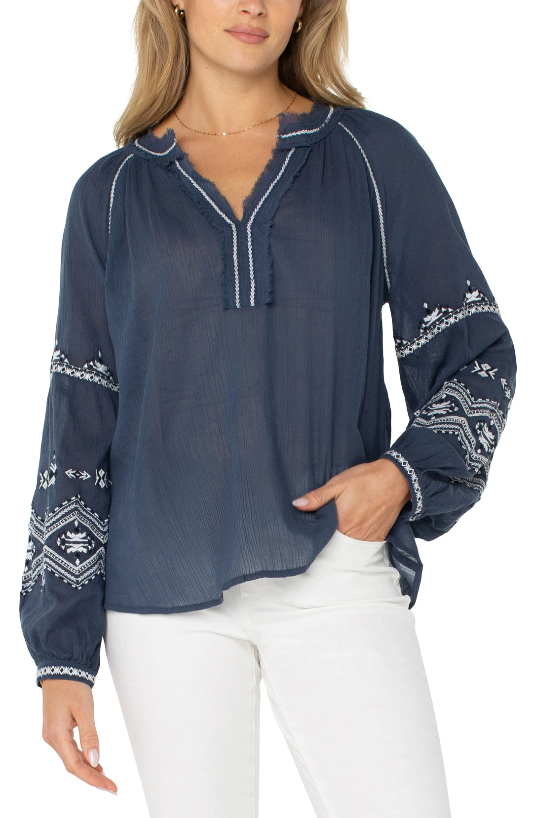 Liverpool Los Angeles Long Sleeve Raglan Woven Blouse in Insignia Blue