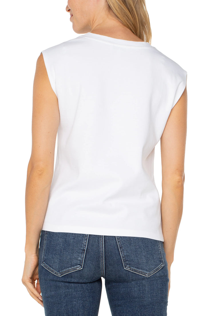 Liverpool Los Angeles Cap Sleeve V-neck Top With Embroidery in White