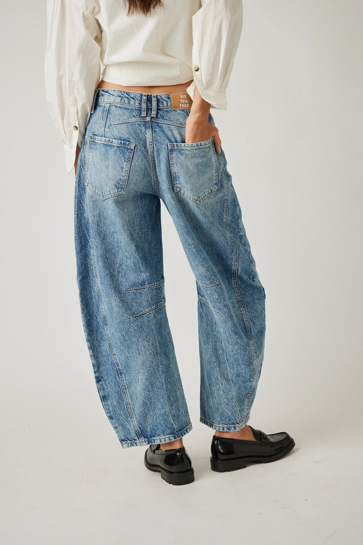 Free People Good Luck Mid Rise Barrel Jean in Ultra Light Beam