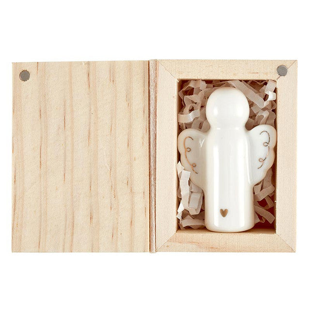 Angel Ceramic Figurine Pine Wood Box