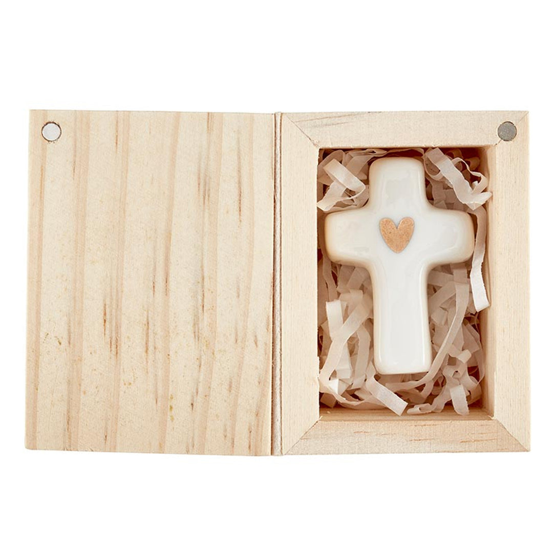 Cross Ceramic Figurine Pine Wood Box