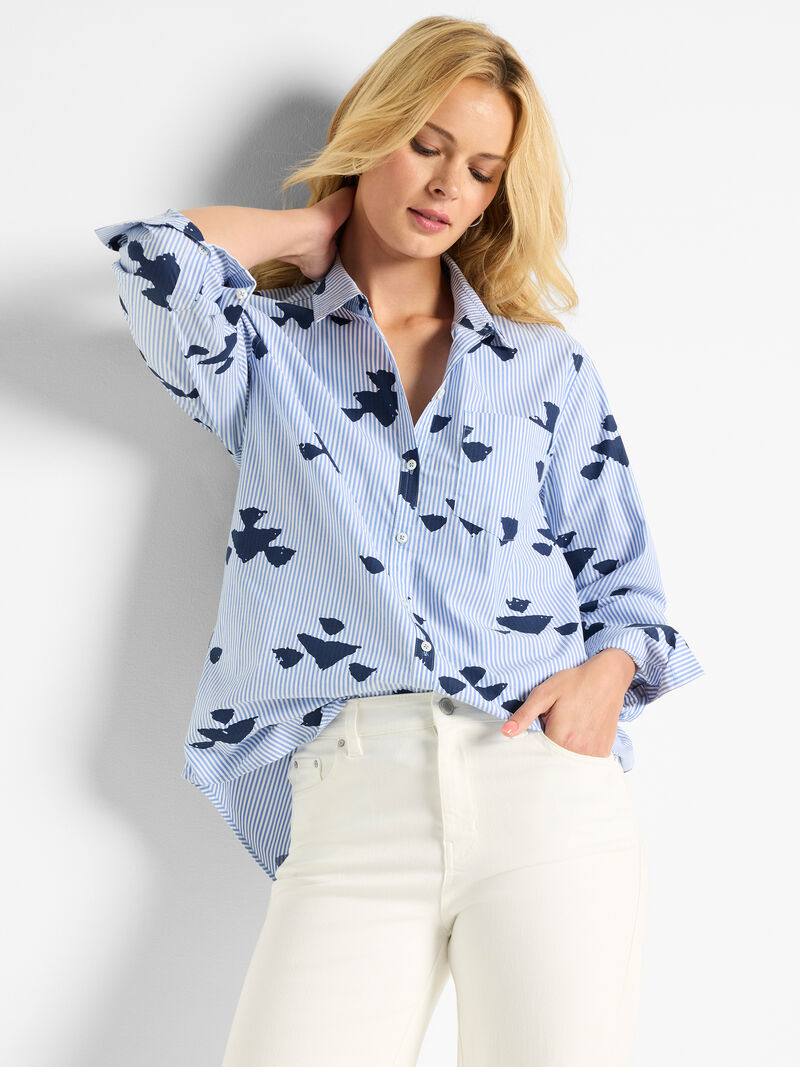 Nic + Zoe Stamped Stripe Woven Blue Shirt