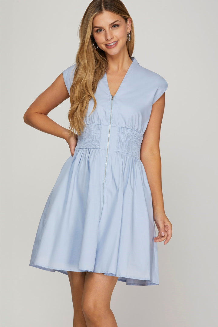 Timeless Flare Zip Mini Pocket Dress in Blue