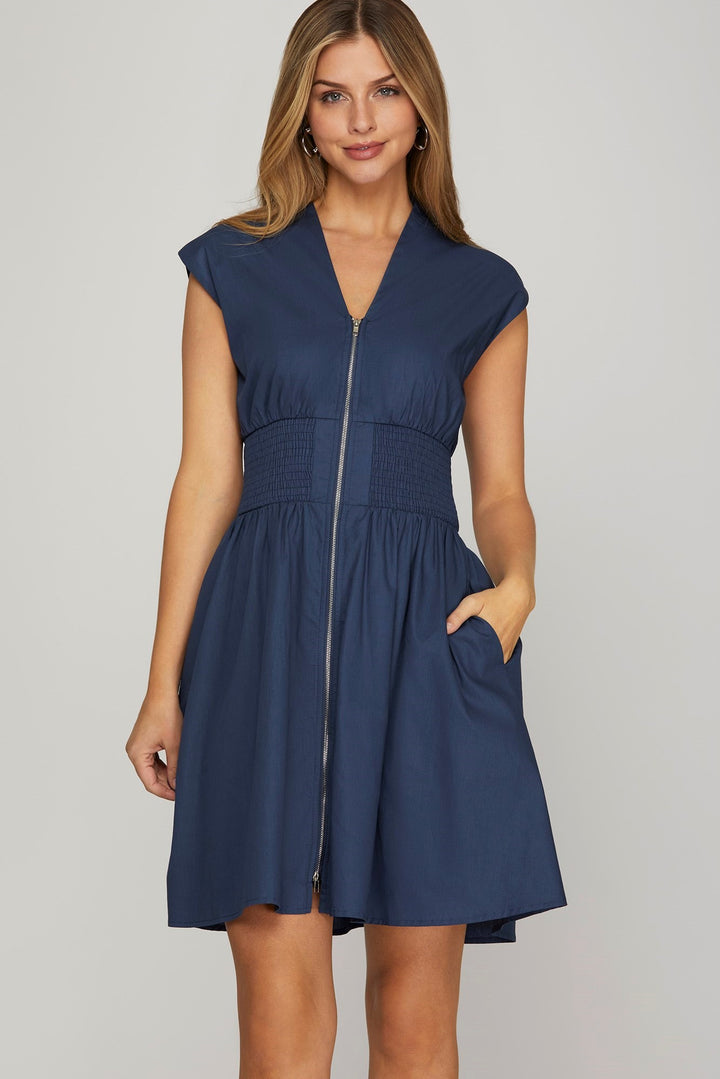 Timeless Flare Zip Mini Pocket Dress in Navy Blue