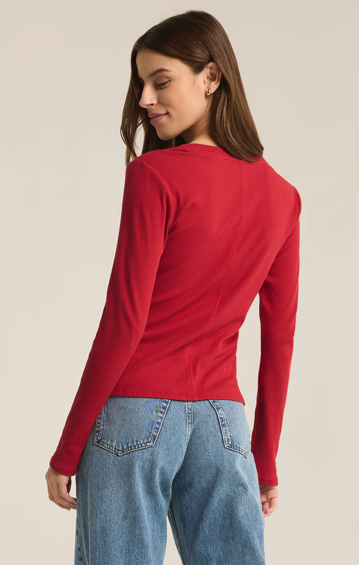 Z Supply Sirena Rib Long Sleeve Tee in Haute Red