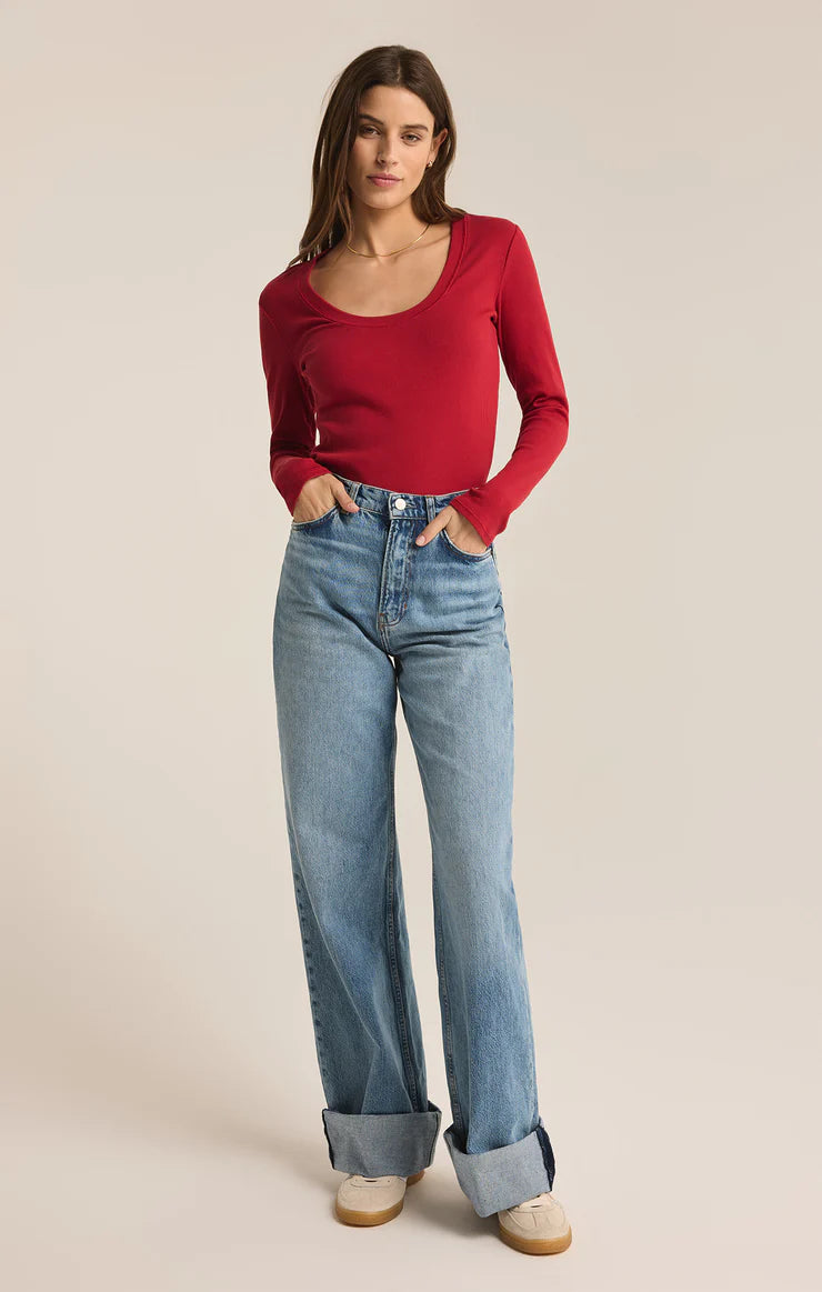 Z Supply Sirena Rib Long Sleeve Tee in Haute Red