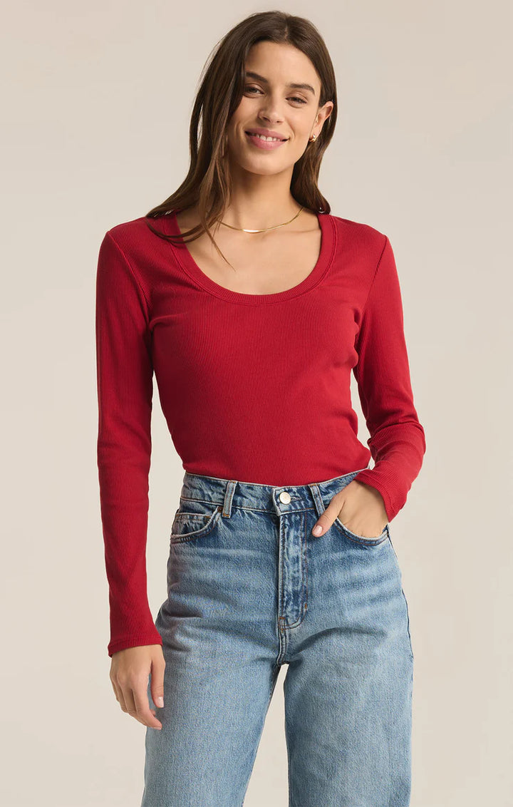 Z Supply Sirena Rib Long Sleeve Tee in Haute Red