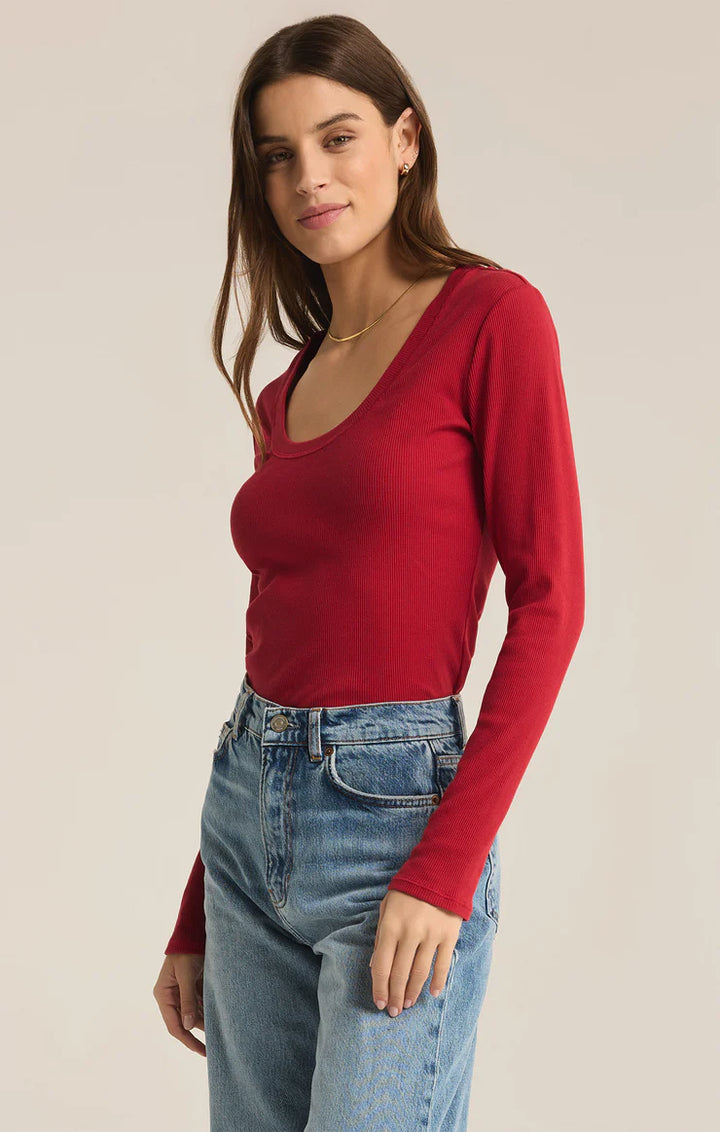 Z Supply Sirena Rib Long Sleeve Tee in Haute Red