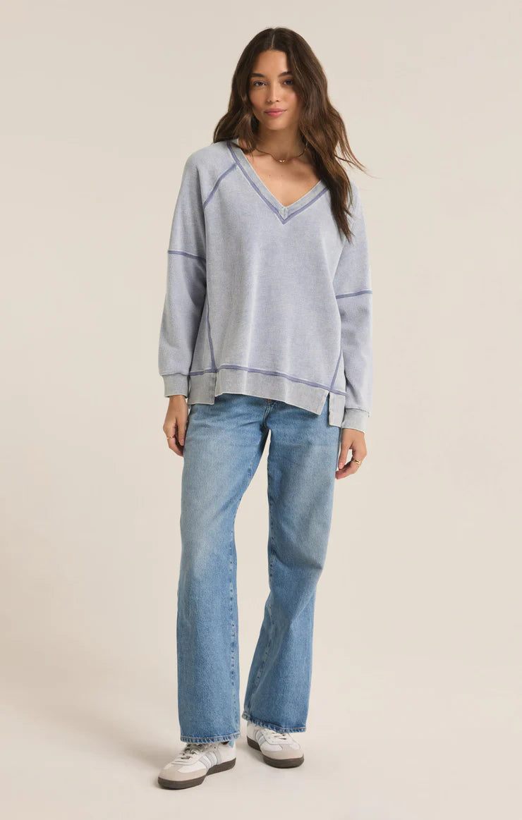 Z Supply Easy V Neck Knit Denim Sweatshirt