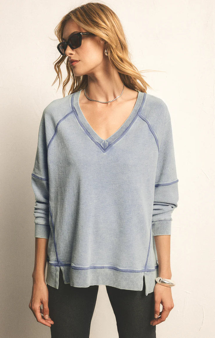 Z Supply Easy V Neck Knit Denim Sweatshirt