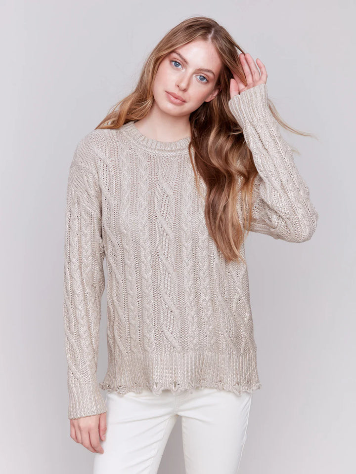 Charlie B Metallic Cable Knit Sweater in Champagne