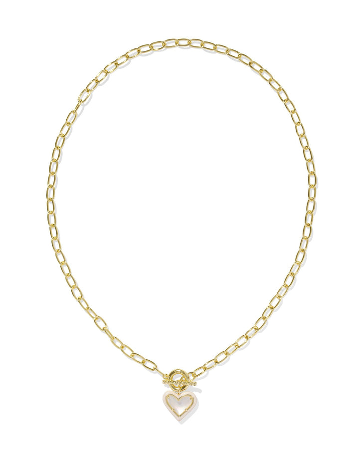 Kendra Scott Ari Heart Gold Enamel Frame Link and Chain Necklace in Ivory Mother of Pearl