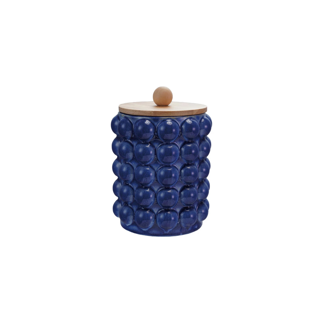 Blue Stoneware Canister with Raised Dots & Wood Lid 5.9