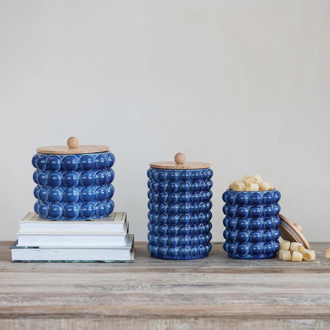 Blue Stoneware Canister with Raised Dots & Wood Lid 5.9