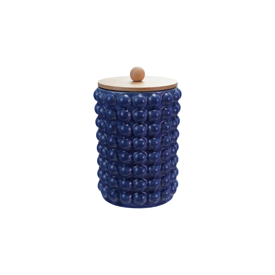 Blue Stoneware Canister with Raised Dots & Wood Lid 6.8