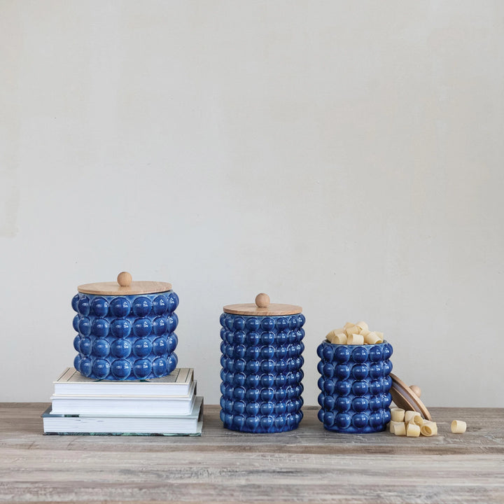 Blue Stoneware Canister with Raised Dots & Wood Lid 6.8