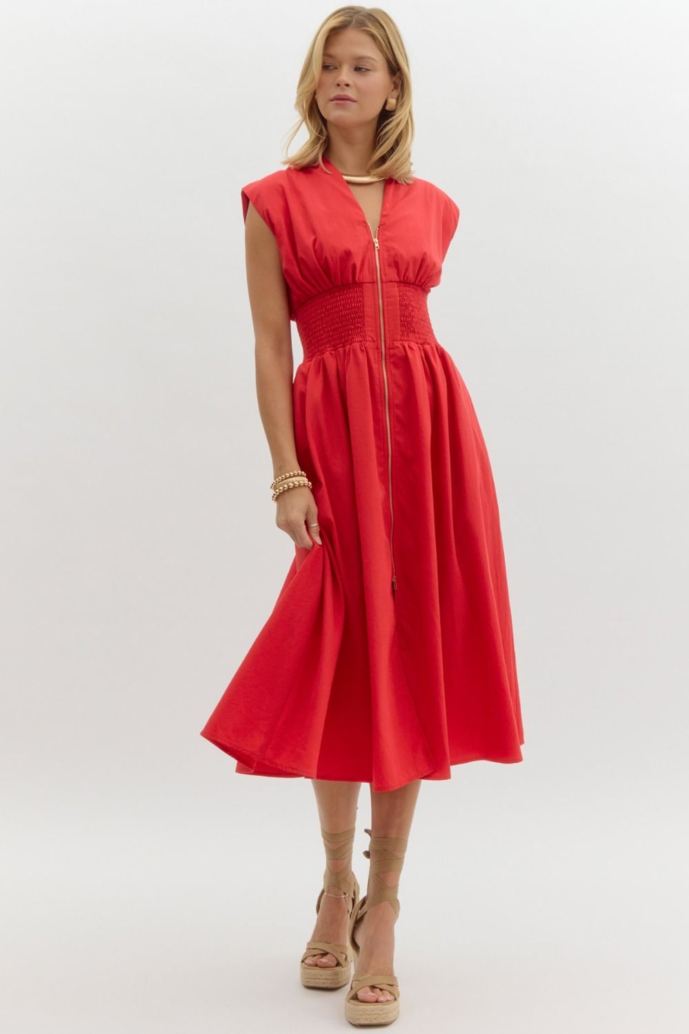 Timeless Flare Zip Midi Dress in Red