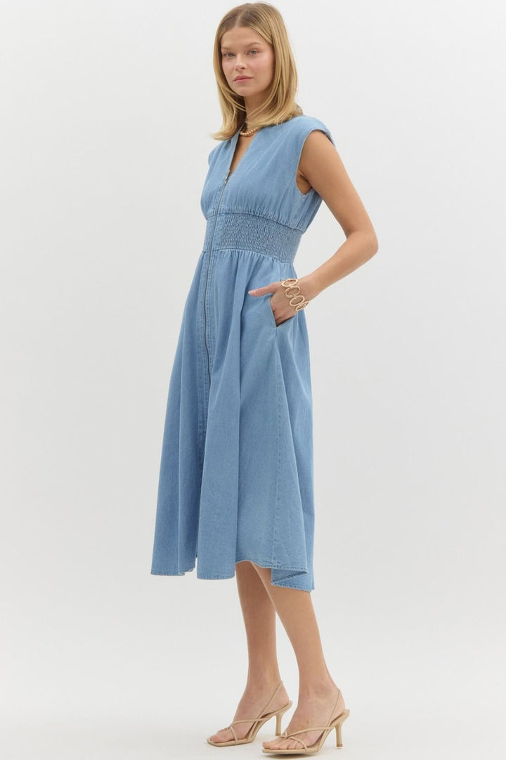 Timeless Flare Zip Blue Denim Midi Dress