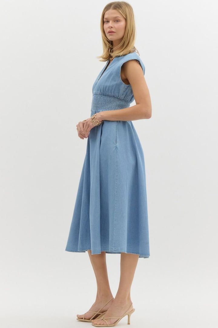 Timeless Flare Zip Blue Denim Midi Dress