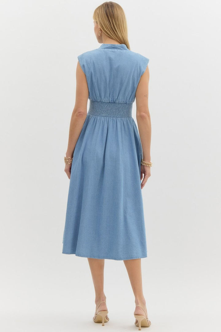 Timeless Flare Zip Blue Denim Midi Dress