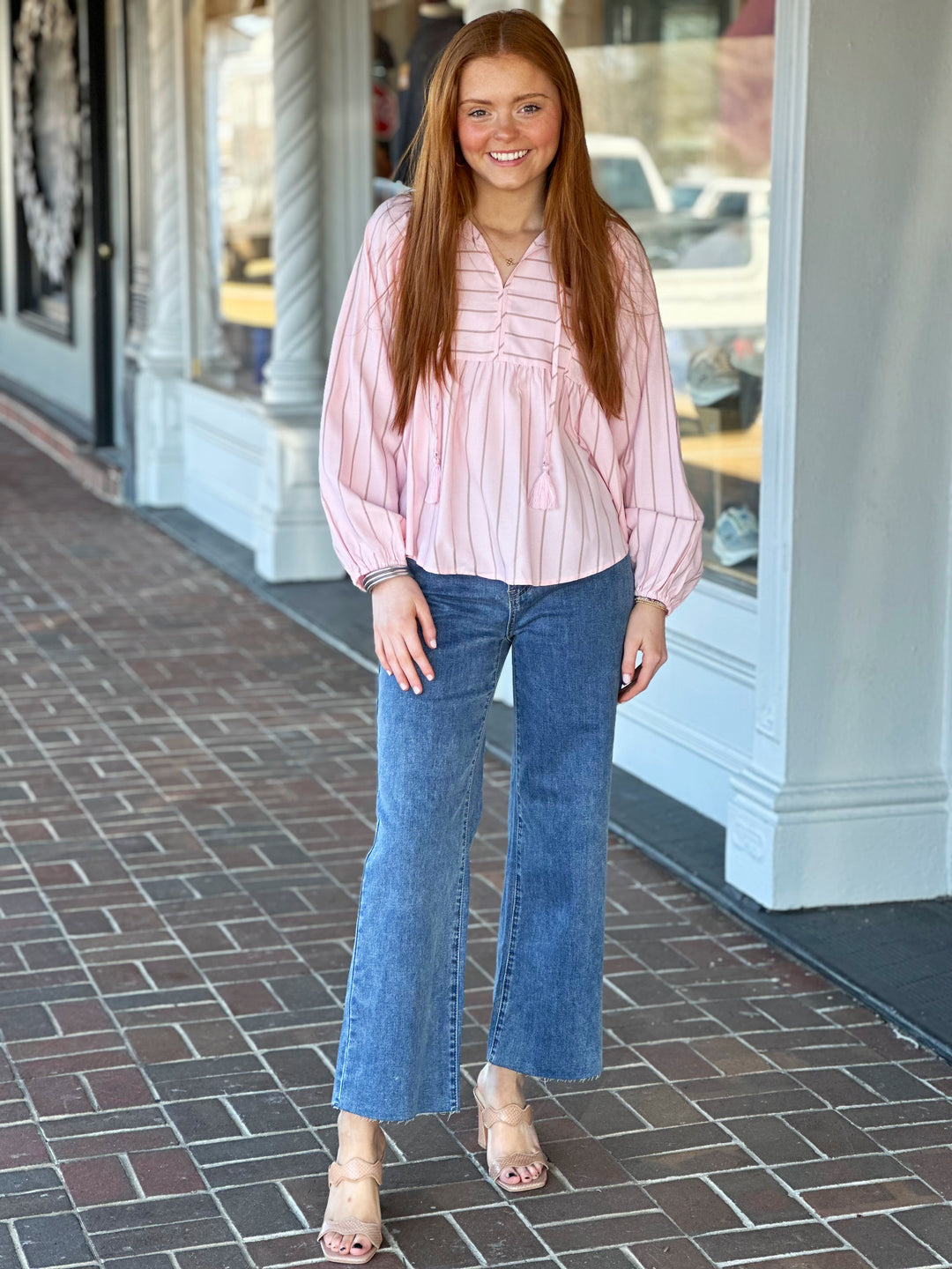 Feeling Pink Tie Front Striped Long Sleeve Top