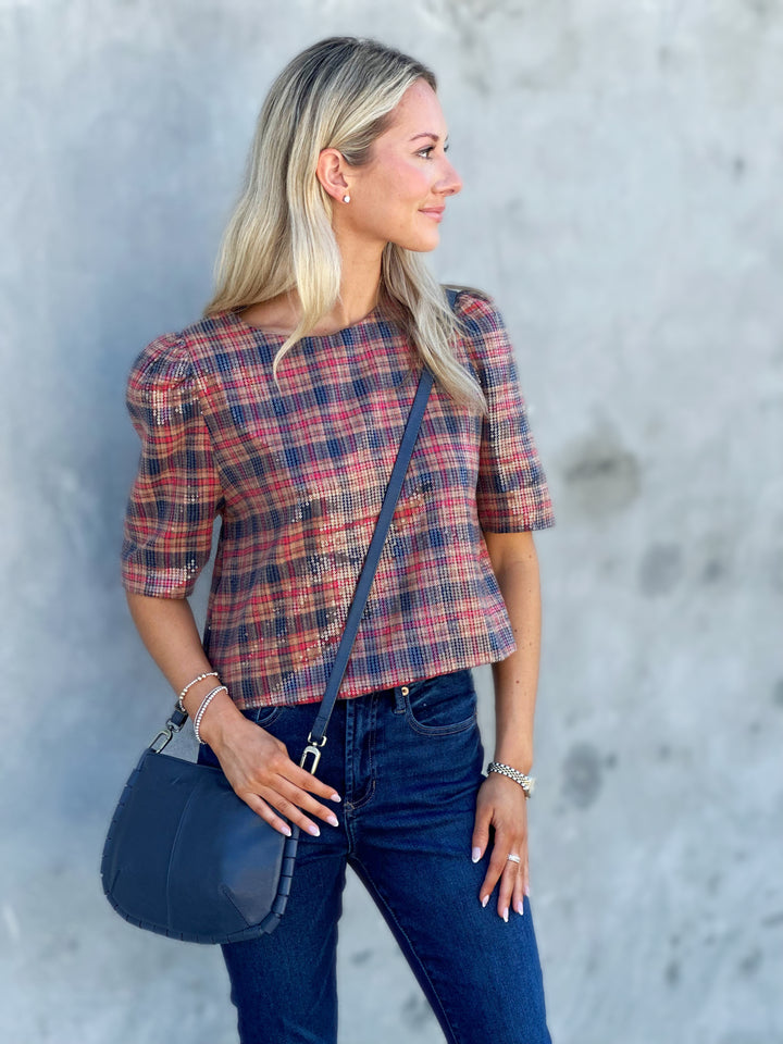 Edgy Intention Sequin Plaid Top