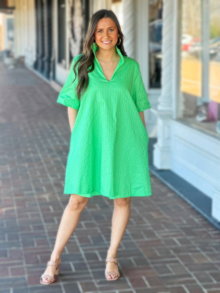 Oliva Ruffle Pocket Dress in Green Apple