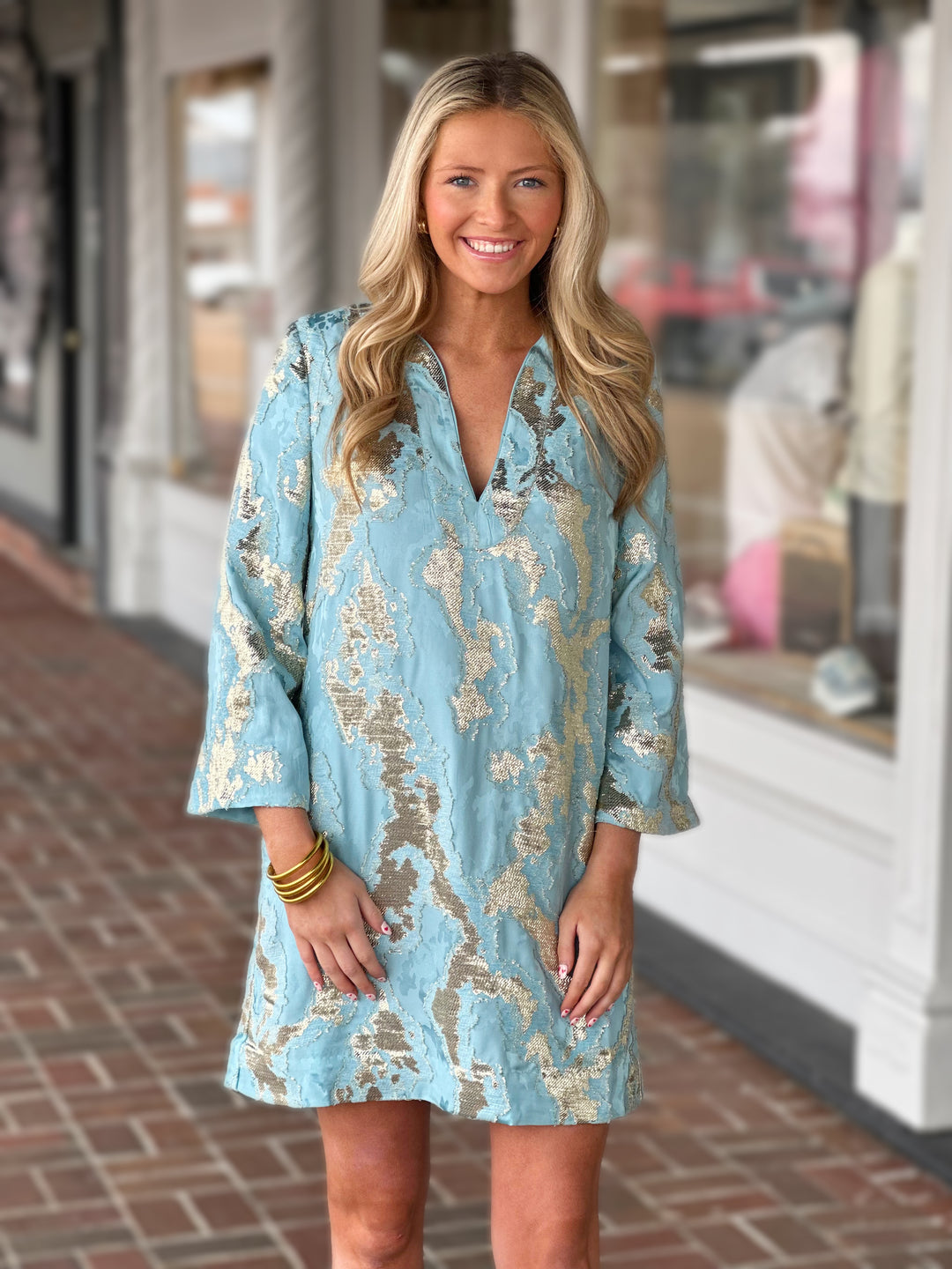 Mestiza Ines Caftan Mini Dress in Blue Gold