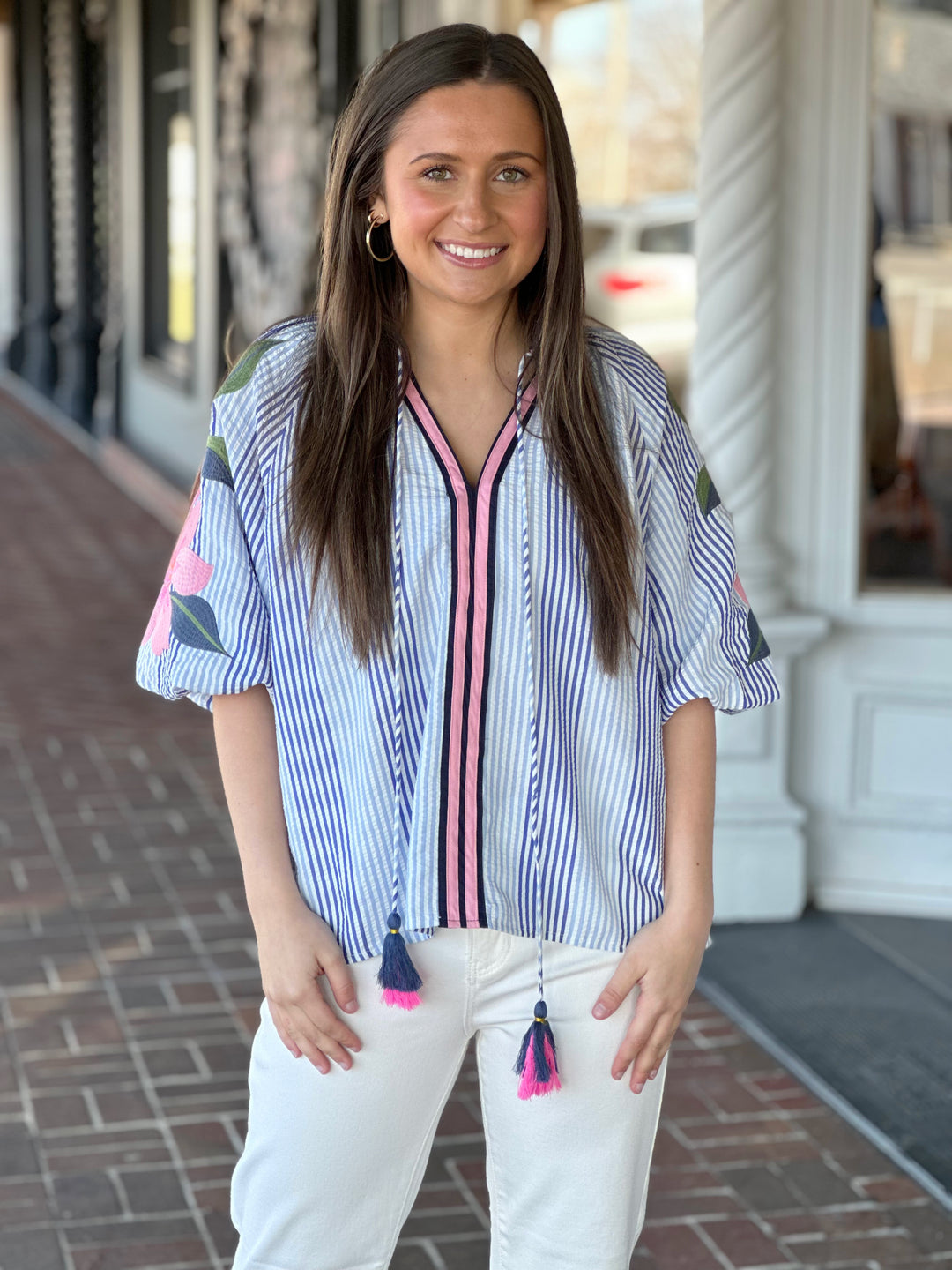 All Good Things Striped Embroidered Puff Sleeve Blue Top